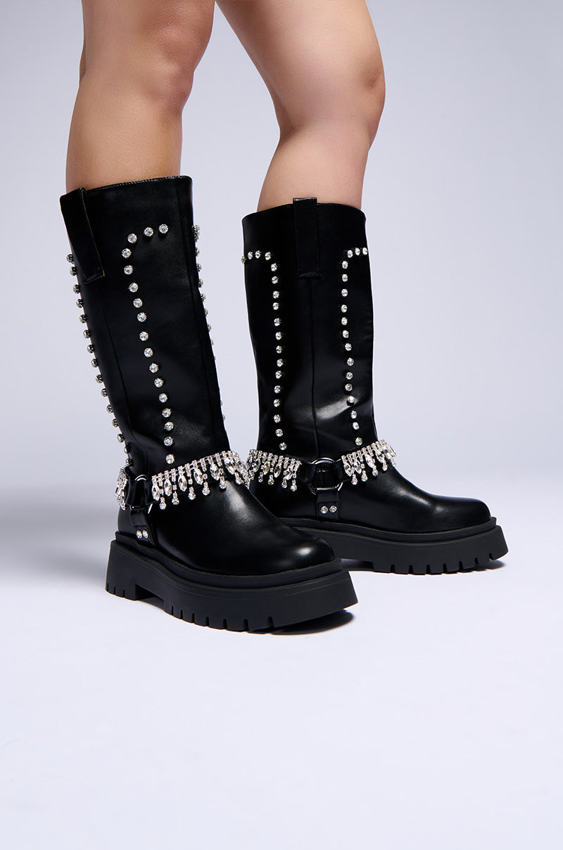 AZALEA WANG FILOMENA BLACK EMBELLISHED FLATFORM BOOT