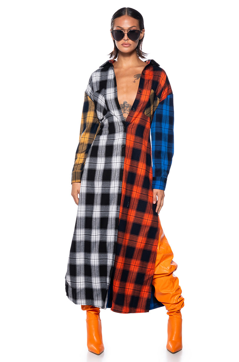 TEEN SPIRIT ULTRA LONG PLAID BUTTON DOWN