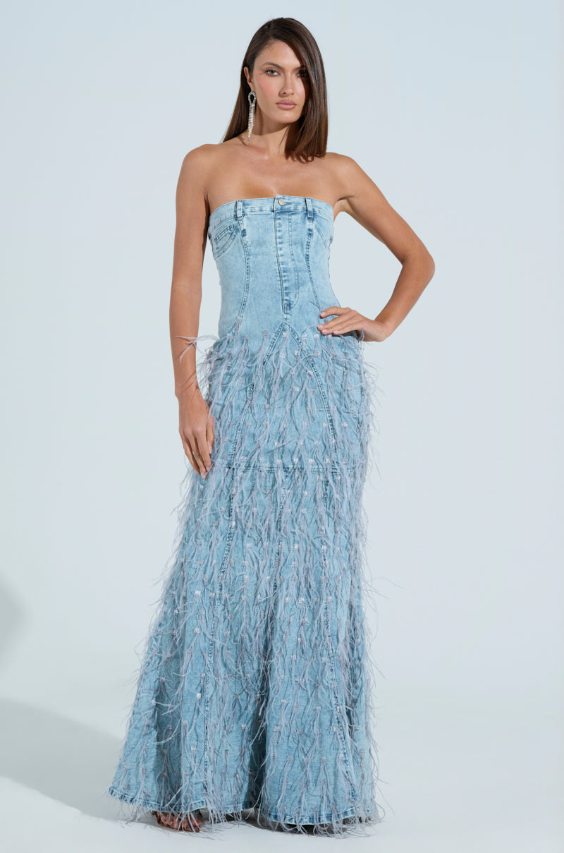 BRITTANY FEATHER DENIM MAXI DRESS