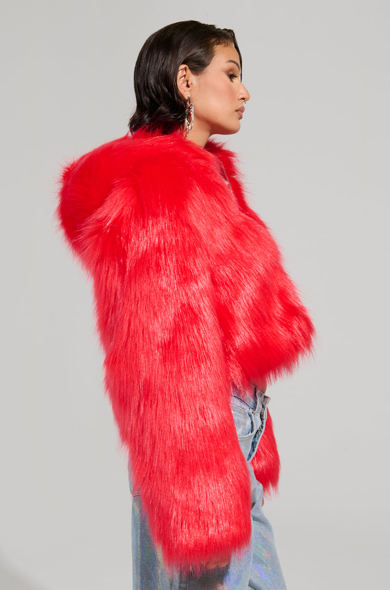 MAEVE HOODED RED FAUX FUR BOMBER