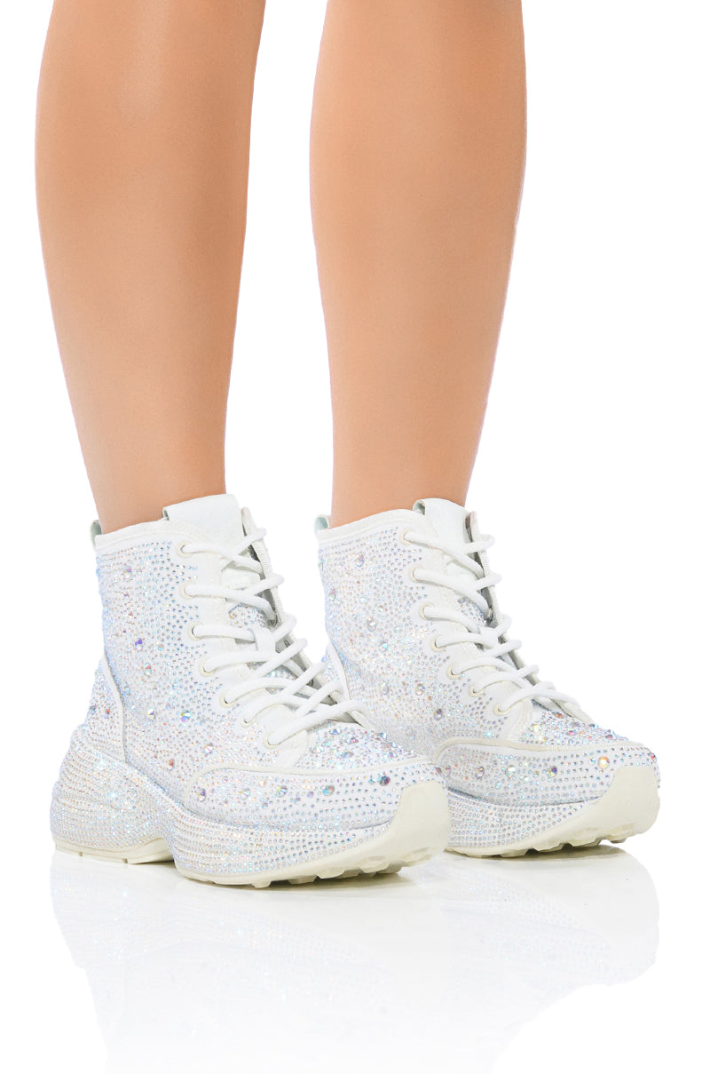 QUEENDOM WHITE HIGH TOP RHINESTONE SNEAKER