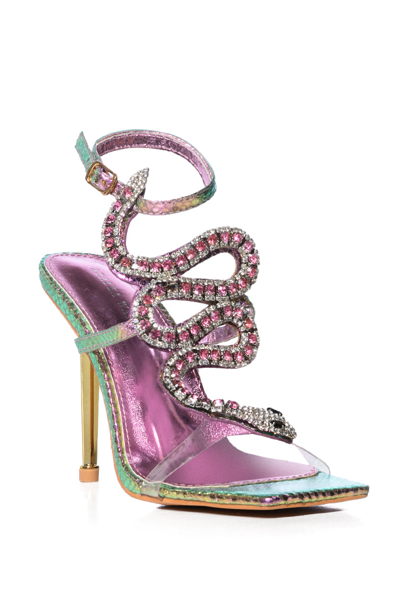 AZALEA WANG COBRA SNAKE RHINESTONE STILETTO HEEL IN METALLIC