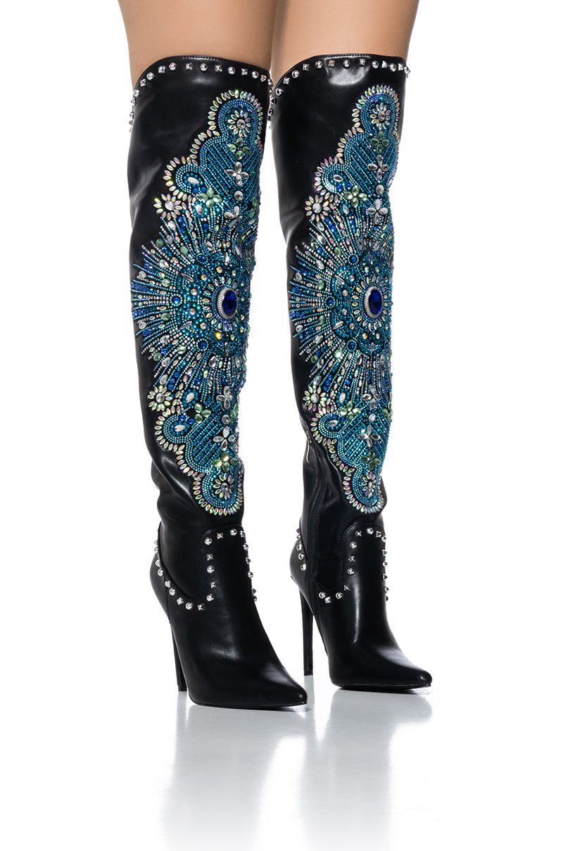 AZALEA WANG AXELLE BLACK BLUE EMBELLISHED BOOT