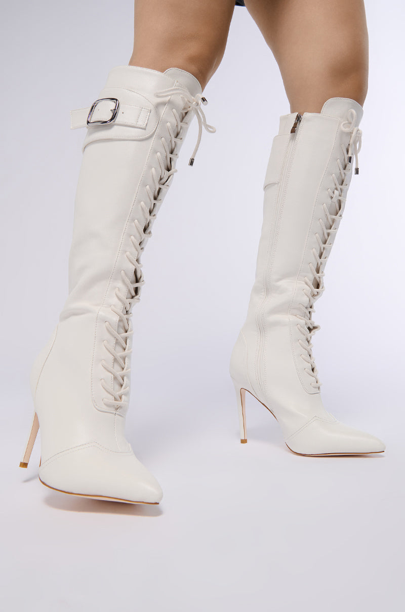 AZALEA WANG CHELSEA WHITE LACE UP STILETTO BOOT