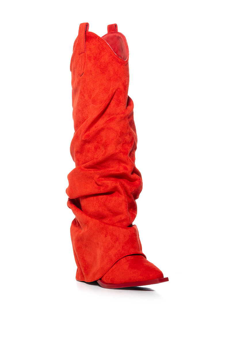 AZALEA WANG LETTICE FAUX SUEDE WESTERN BOOT IN RED