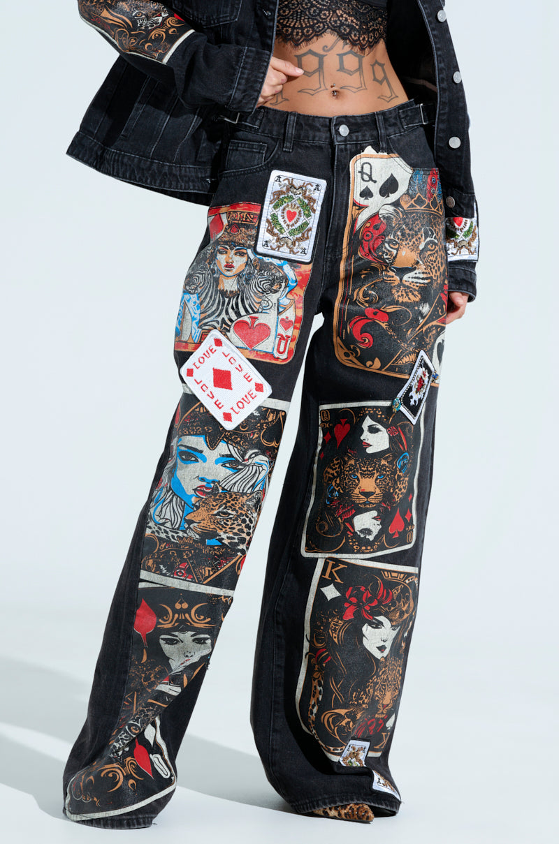 QUEEN OF HEARTS PRINTED AND EMBELLISHED DENIM PANTS