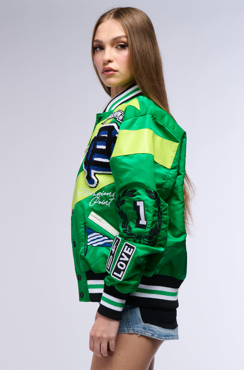 FIRST ROW SEAT COLOR BLOCK BOMBER JACKET IN GREEN