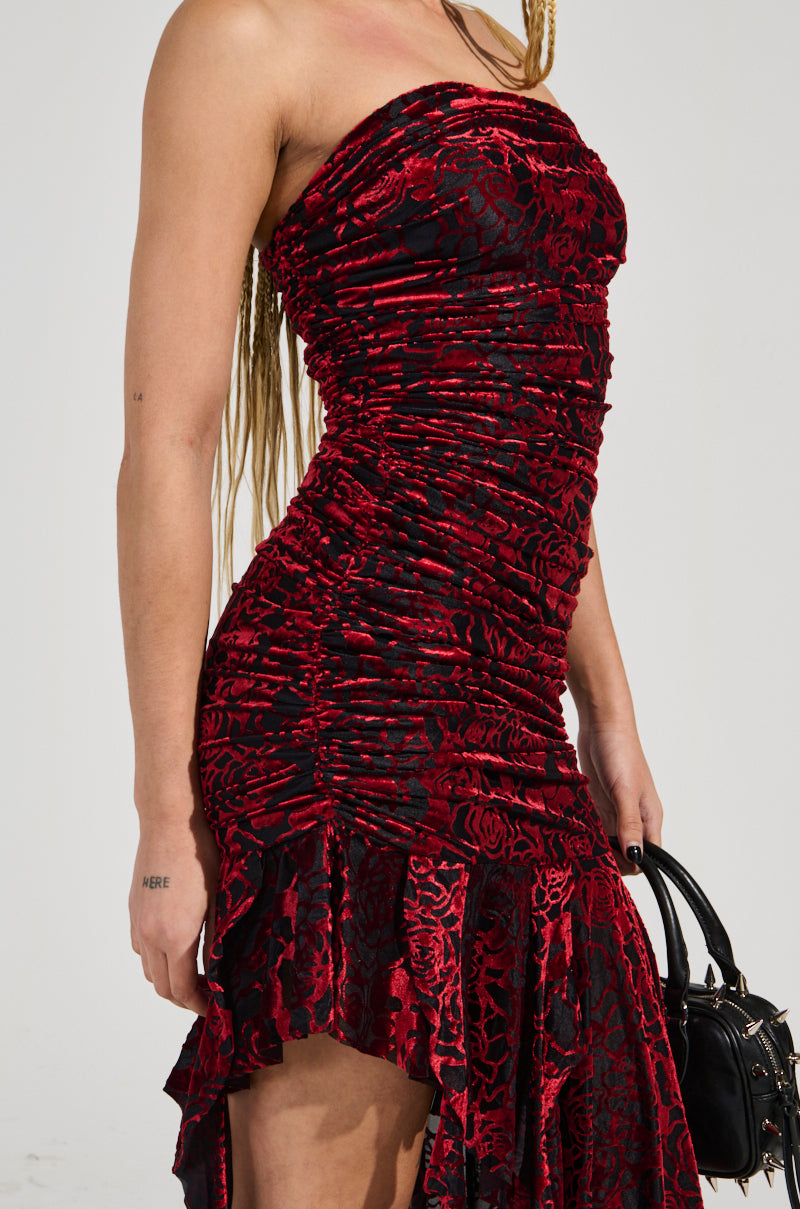 BELLA RUCHED RED VELVET BURNOUT MIDI DRESS