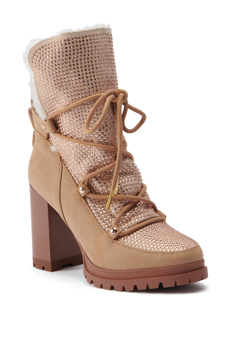 AZALEA WANG TWILLA EMBELLISHED TAN CHUNKY BOOTIE