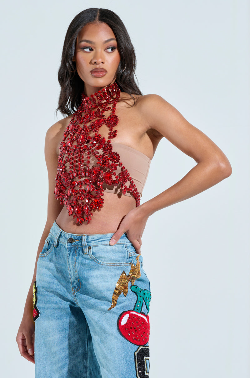 BURNING PASSION RHINESTONE MOCK NECK TOP