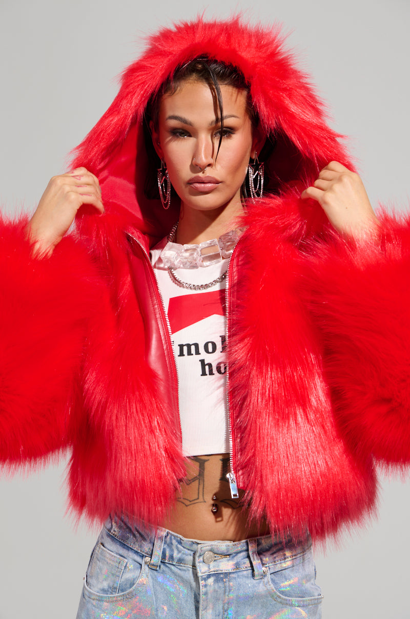 MAEVE HOODED RED FAUX FUR BOMBER