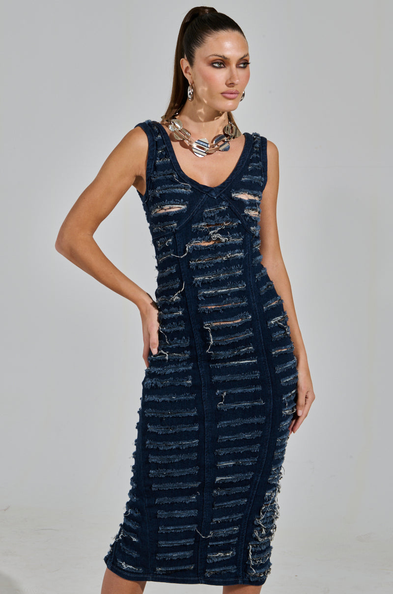 SHE'S GOT IT SHREDDED DENIM MIDI DRESS IN DARK BLUE