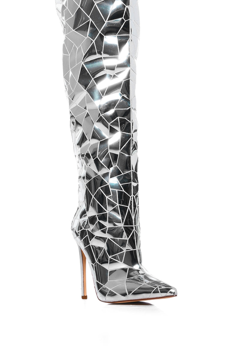 AZALEA WANG SHATTERED METALLIC STILETTO BOOT IN SILVER