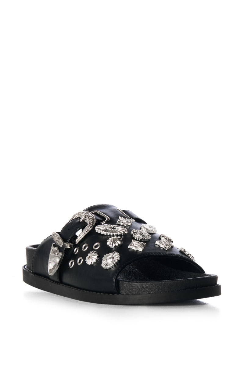 AZALEA WANG CASSANDRA BLACK SILVER CHARM SLIDE ON SANDAL