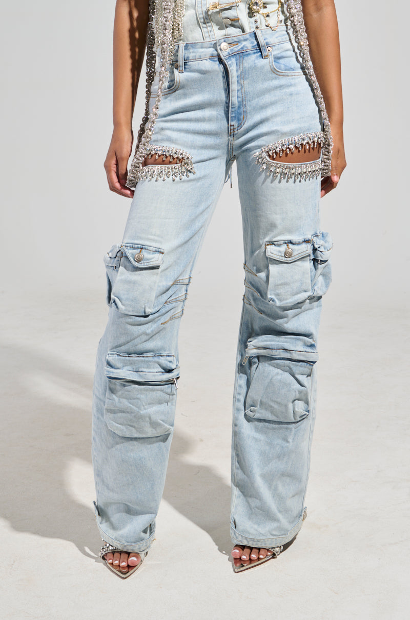 CALLING THE SHOTS CARGO DENIM WITH RHINESTONES