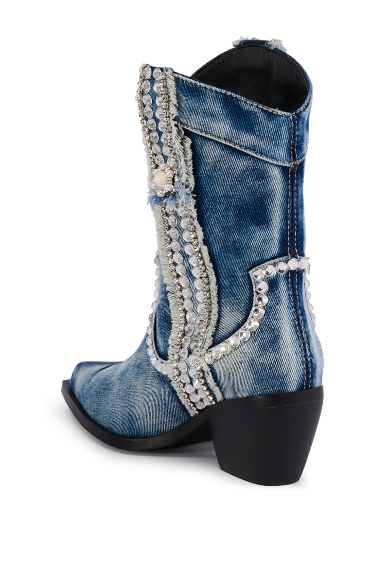 AZALEA WANG YANNIC DENIM RHINESTONE WESTERN BOOTIE