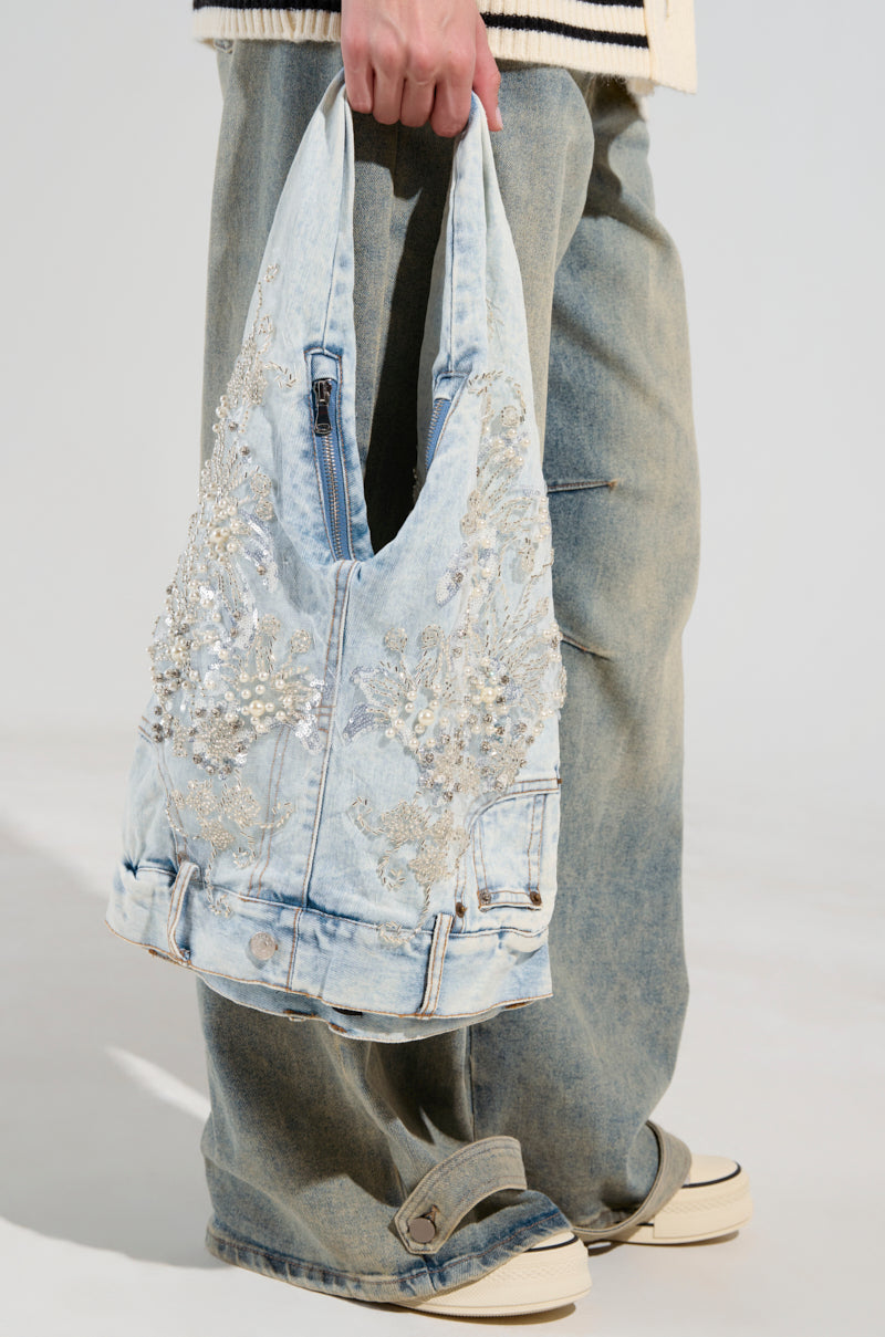 BLESSING IN DENIM EMBELLISHED SHOULDER BAG