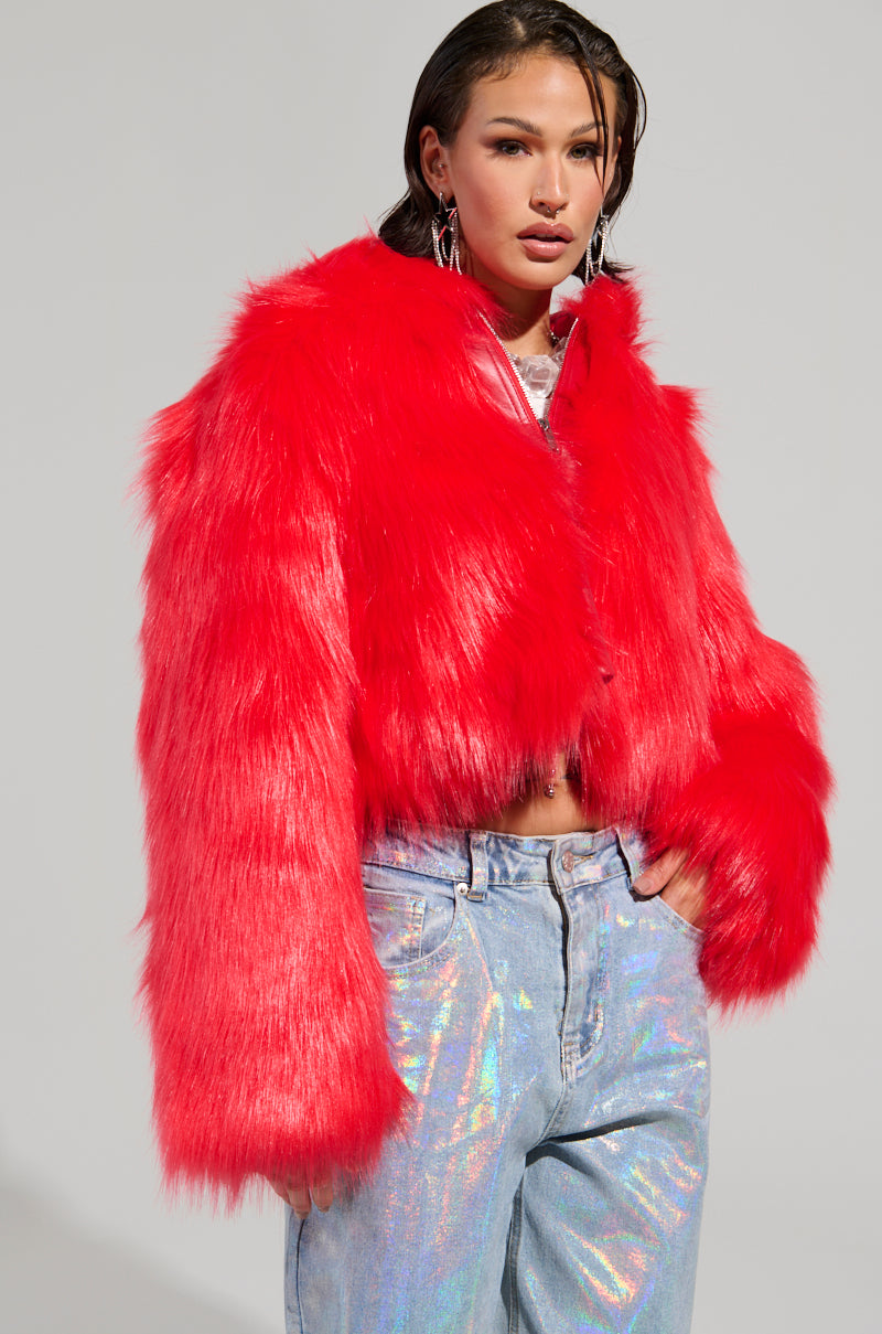 MAEVE HOODED RED FAUX FUR BOMBER