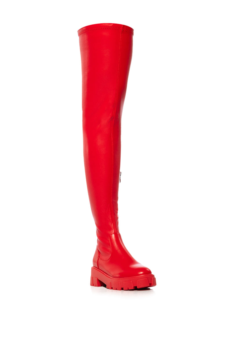 AZALEA WANG LATE NIGHTS OVER THE KNEE FLATFORM BOOT WITH 4 WAY STRETCH IN RED