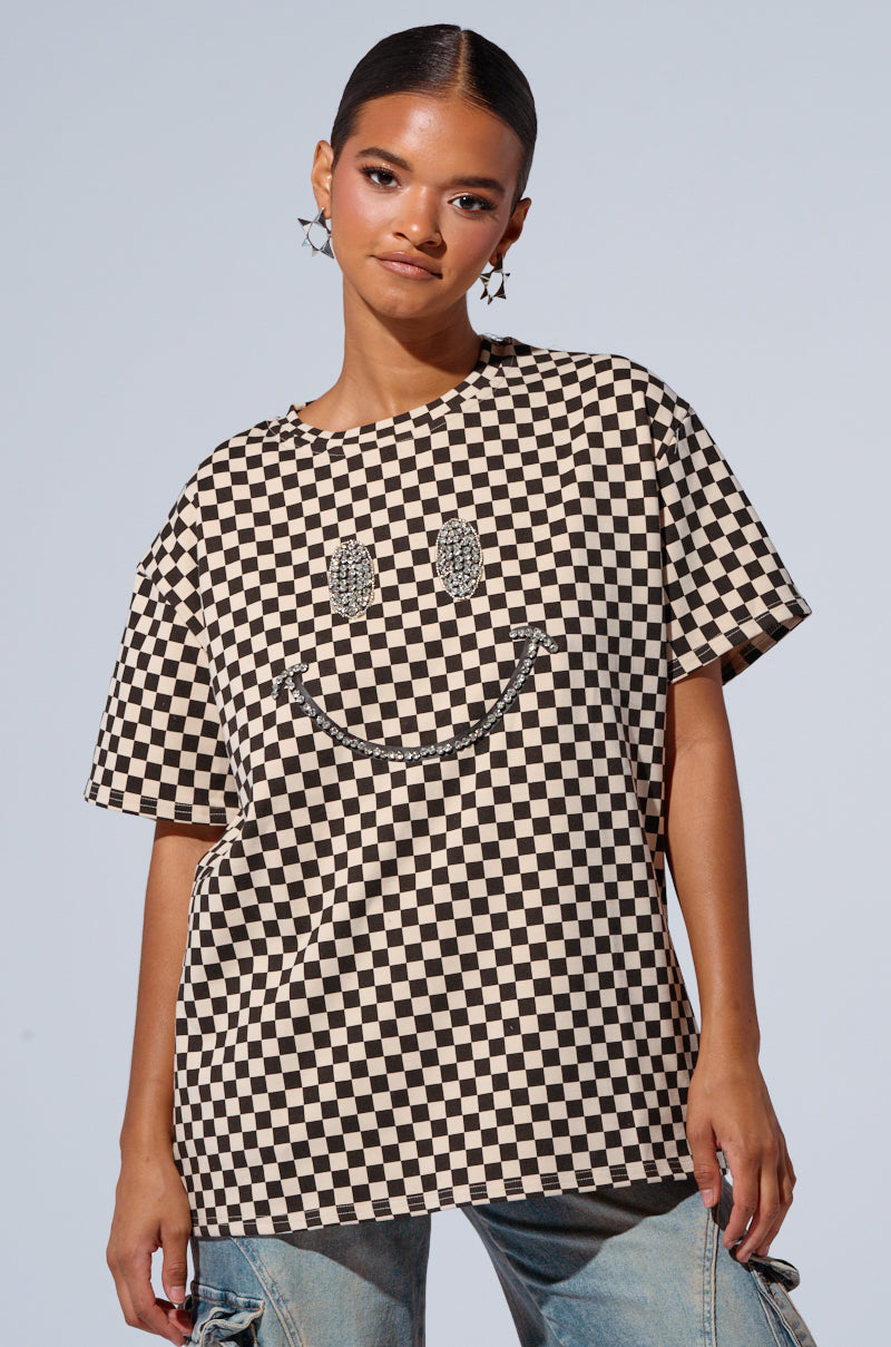 RHINESTONE SMILEY FACE OVERSIZED CHECKERED TSHIRT