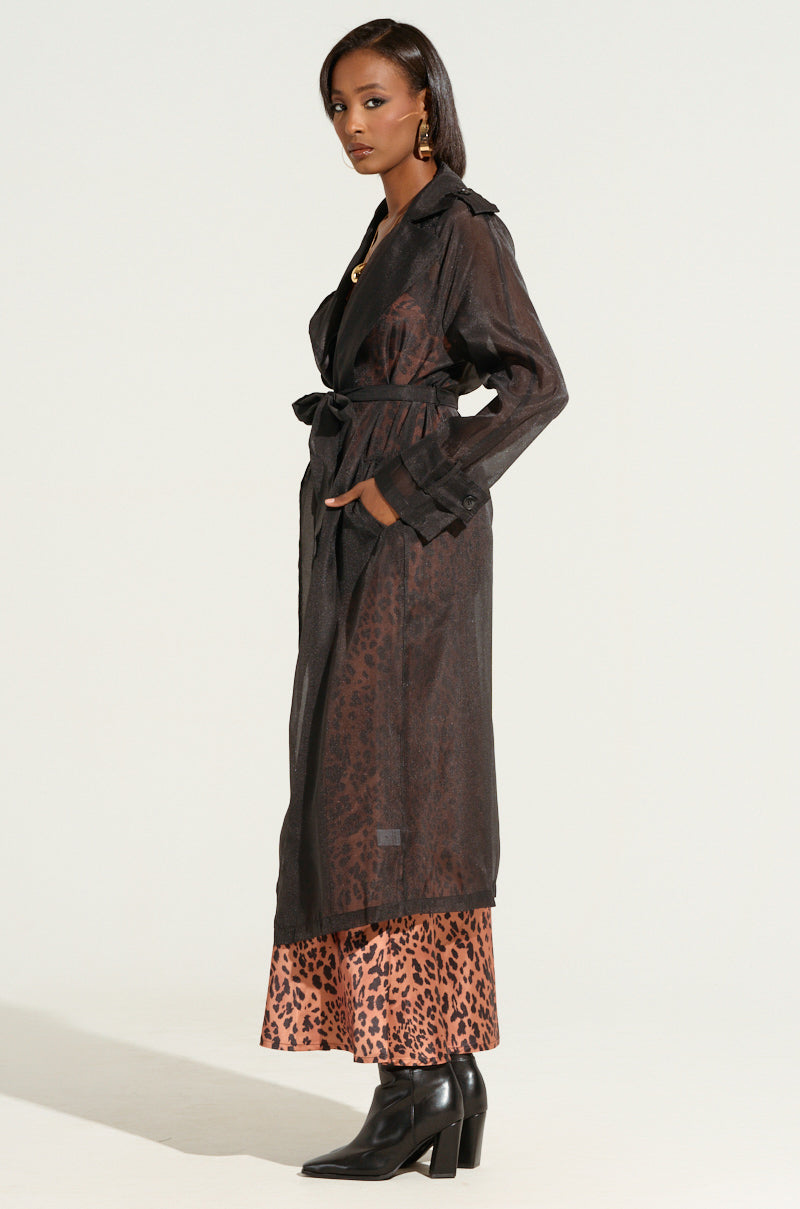 CHIFFON CHATEAU LONG TRENCH IN BLACK