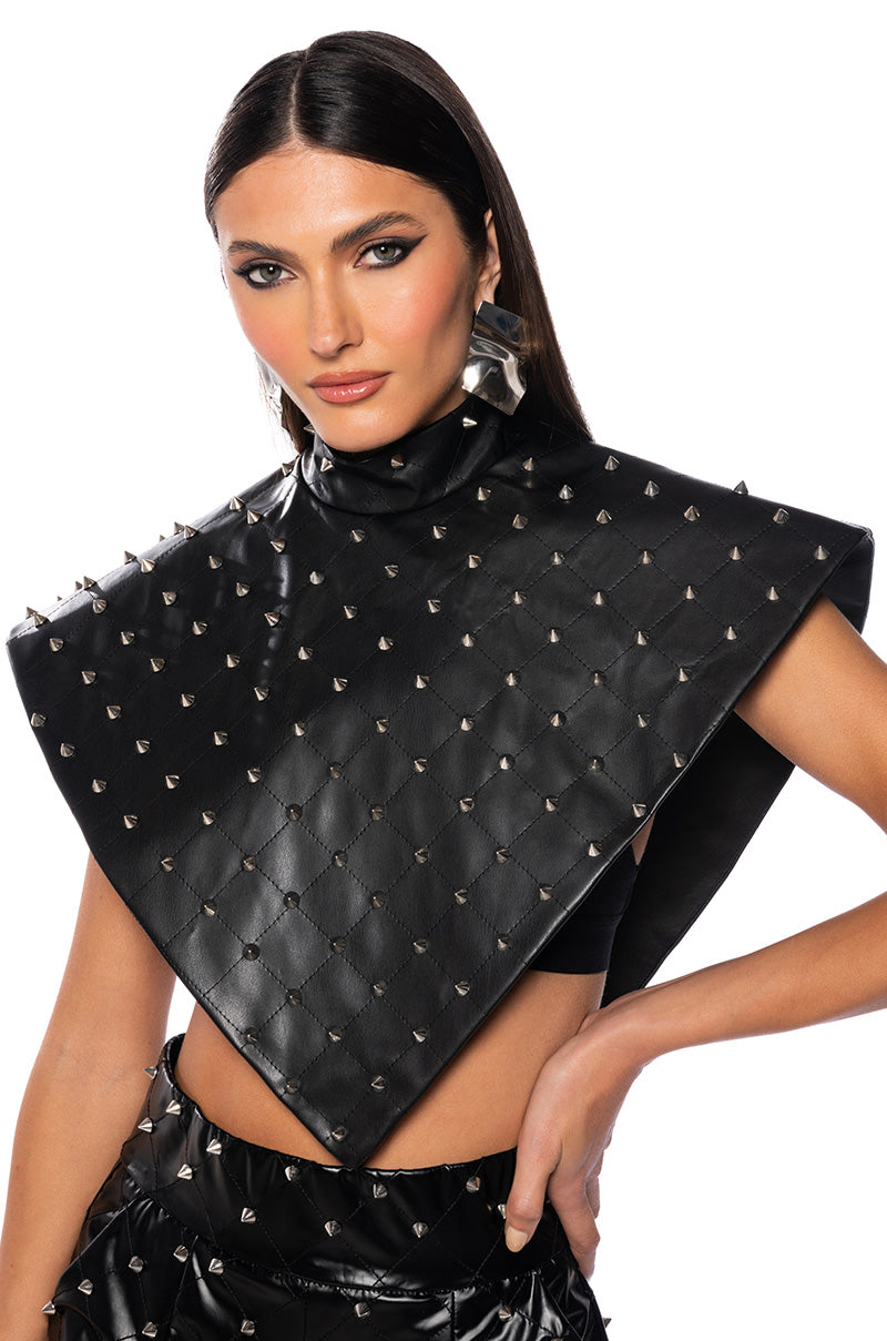 ARIA FAUX LEATHER STUD MOCK NECK TRIANGLE BLOUSE