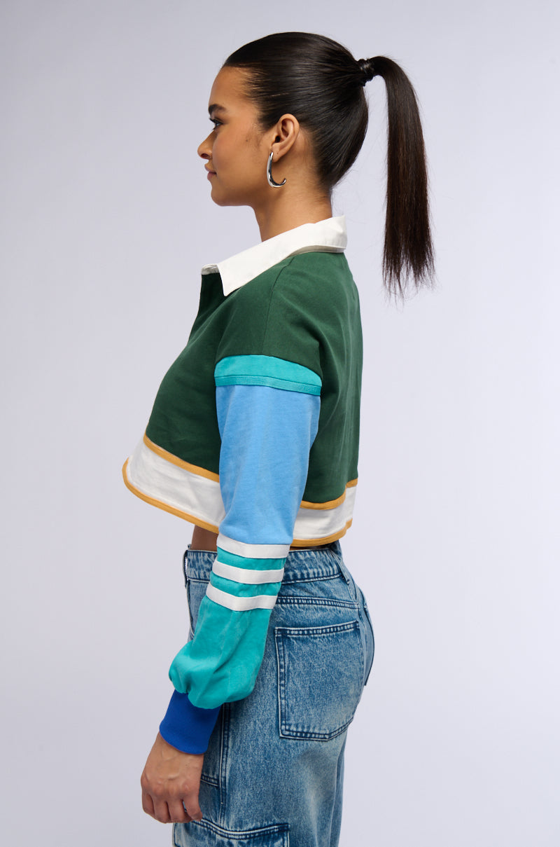 VARSITY LETTER LONG SLEEVE CROPPED POLO SHIRT