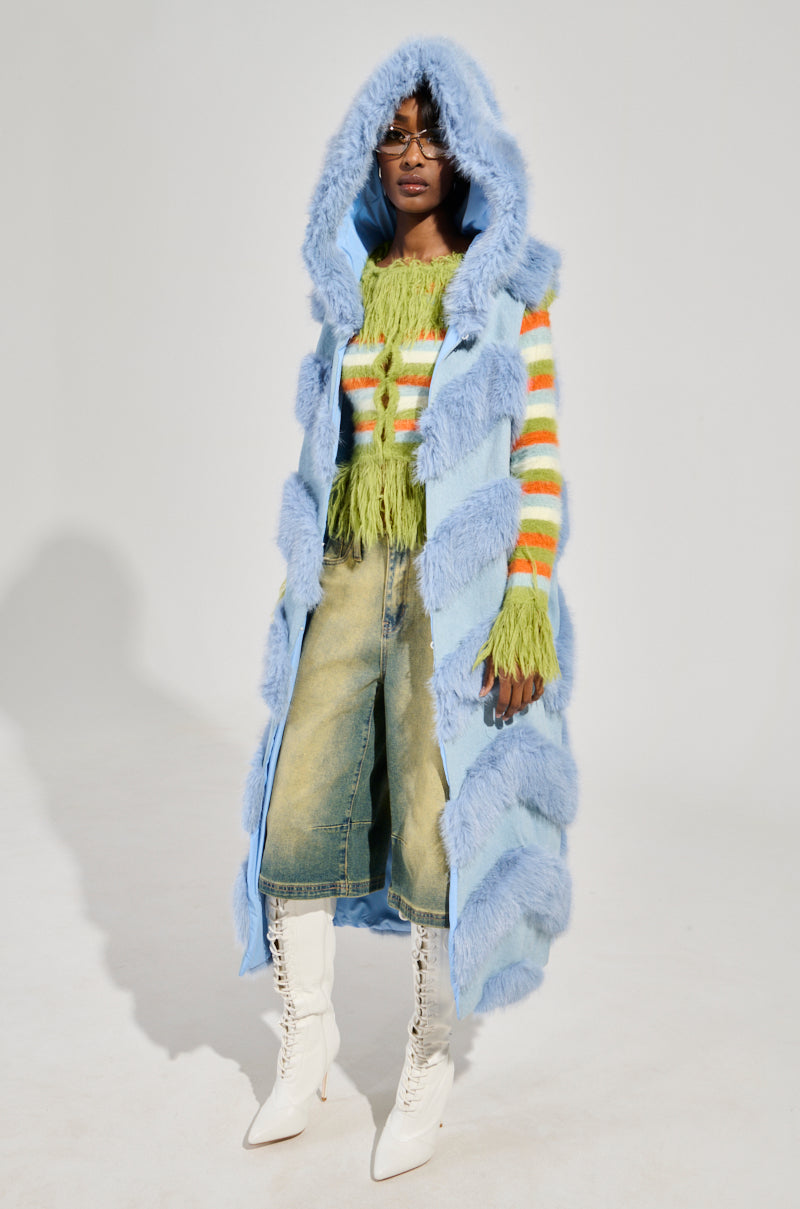 JEMI MIX MATERIAL FAUX FUR VEST IN DENIM