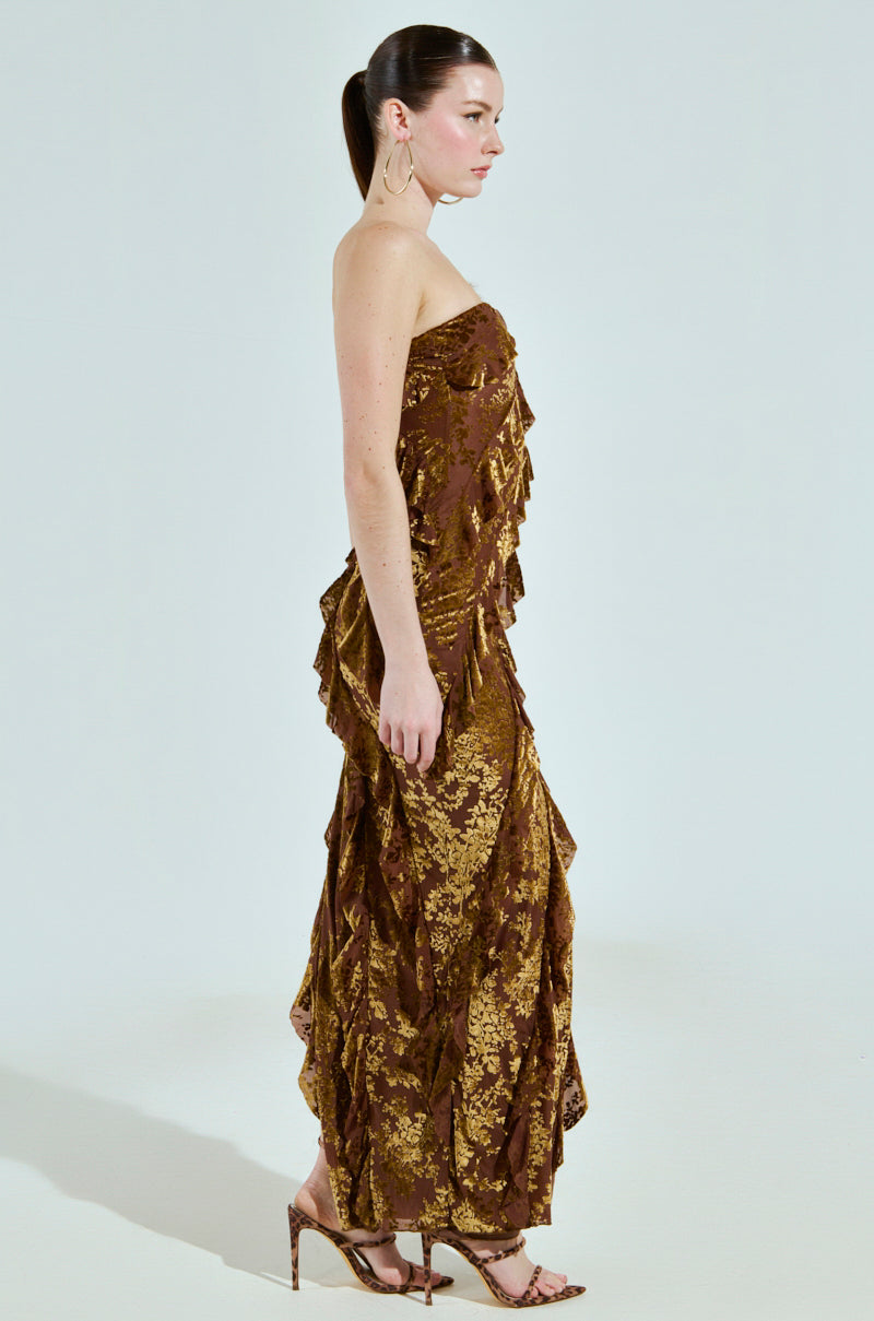 CYRUS VELVET MAXI DRESS IN BROWN