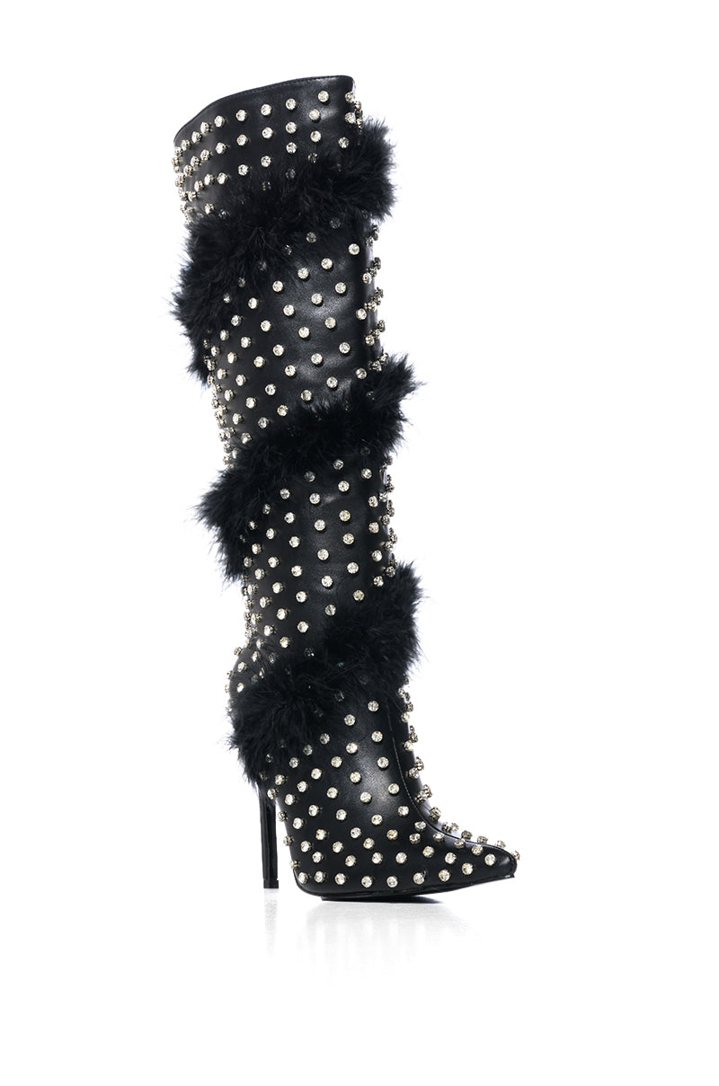 AZALEA WANG GARDENIA FEATHER EMBELLISHED BOOT IN BLACK