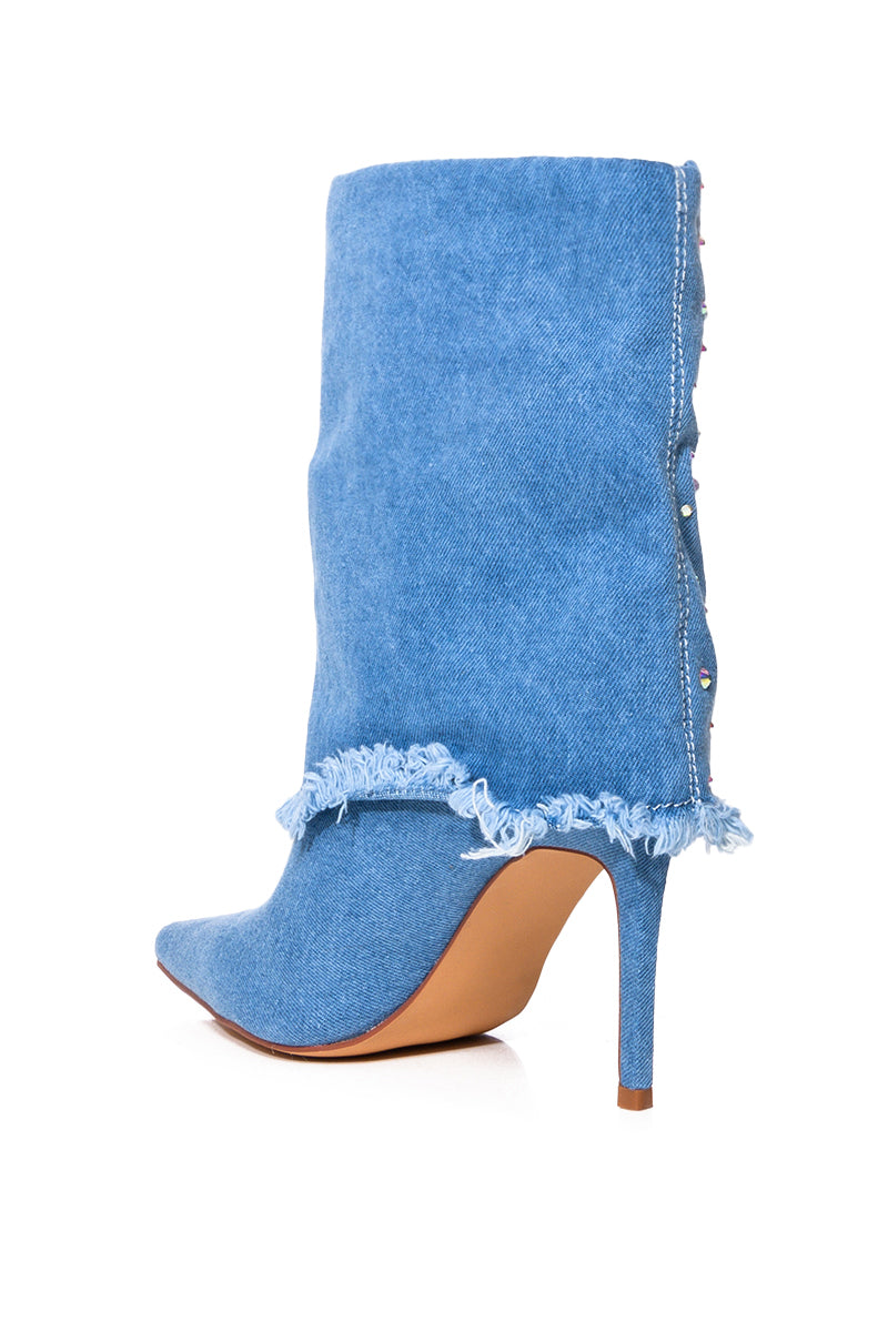 AZALEA WANG ESMERALDA EMBELLISHED BOOTIE IN DENIM