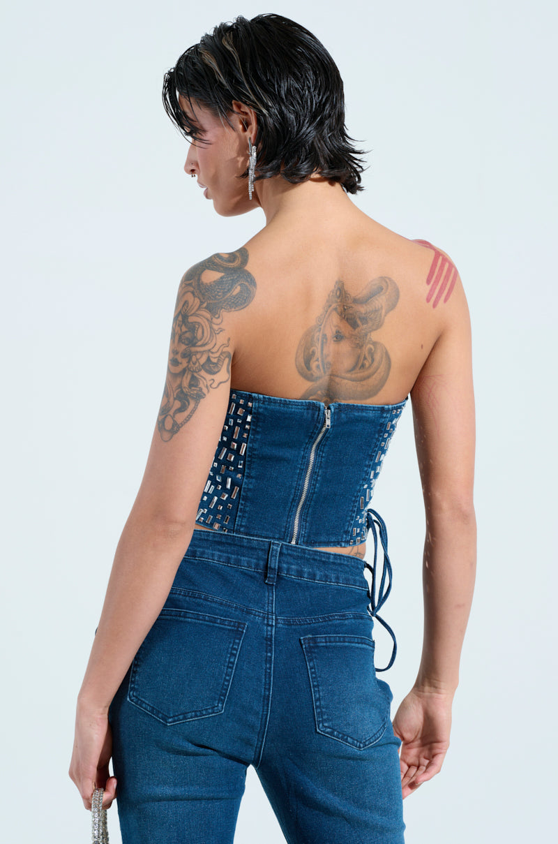 ROCKSTAR DENIM RHINESTONE CORSET TOP