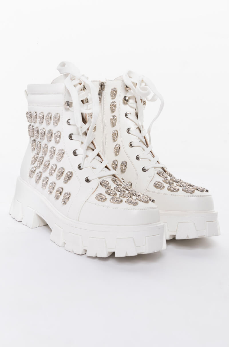 AZALEA WANG DIAMOND SKULL FLATFORM BOOTIE IN WHITE