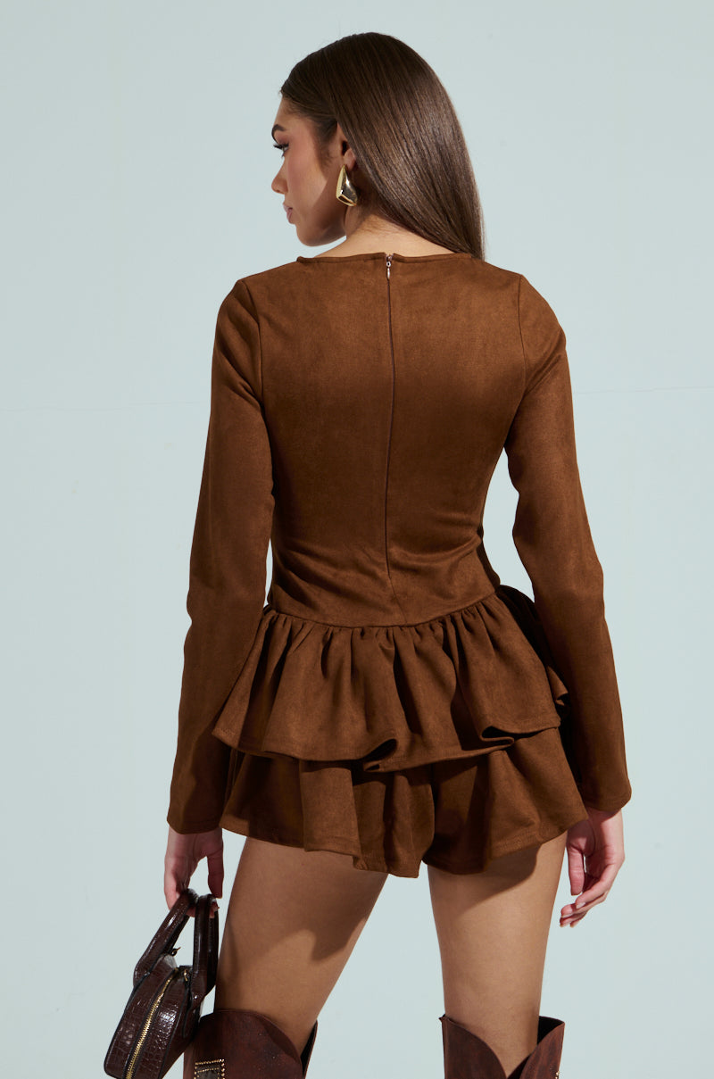 SUEDE RUFFLE LONG SLEEVE ROMPER