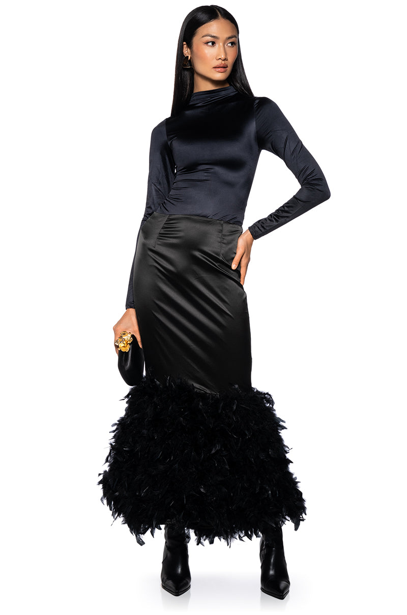 DELLA FEATHER HEM MAXI SKIRT IN BLACK