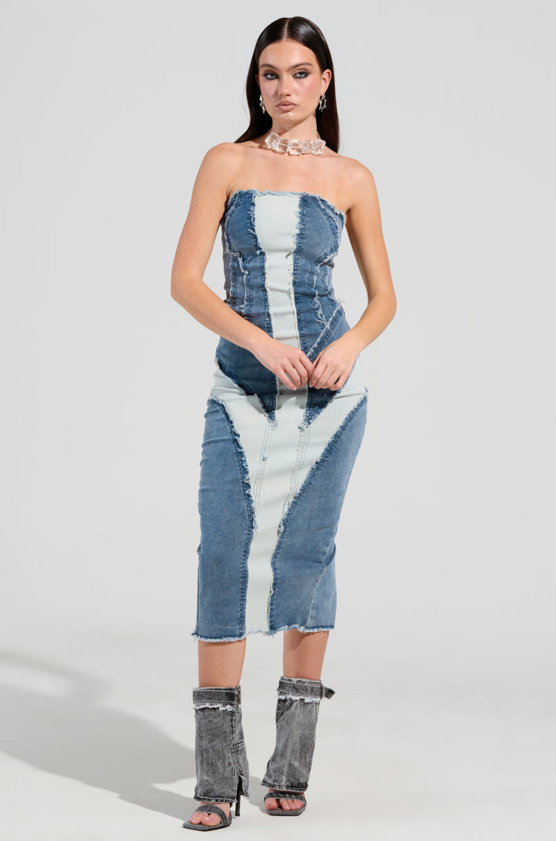 LAYLA DENIM PATCHWORK MIDI DRESS