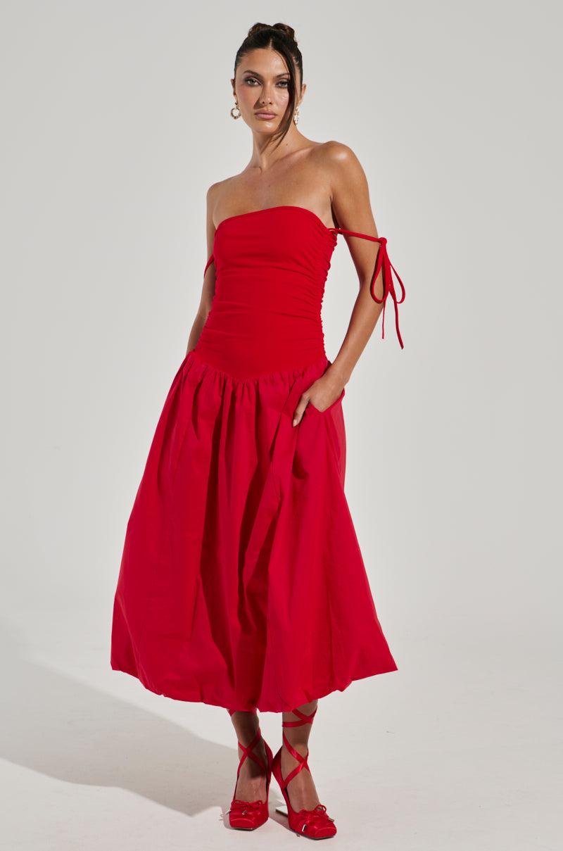 SITTING PRETTY POPLIN MIDI DRESS IN RED