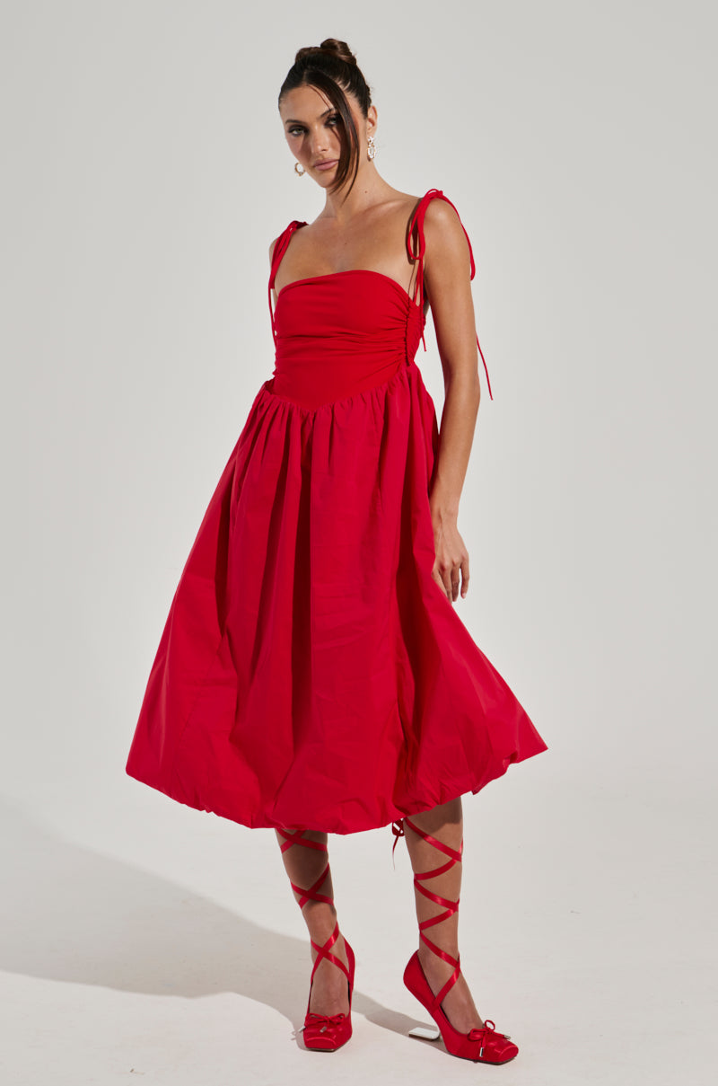 SITTING PRETTY POPLIN MIDI DRESS IN RED