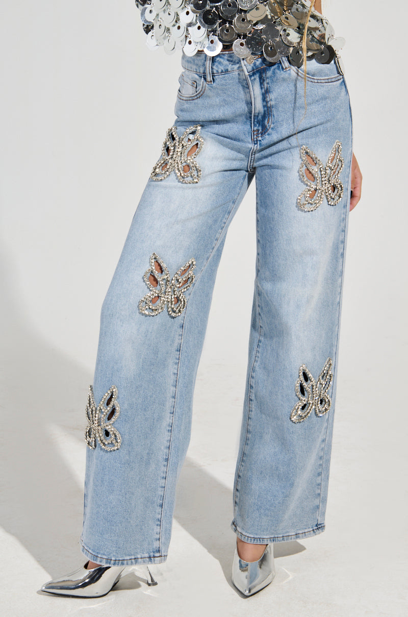 RHINESTONE BUTTERFLY CUTOUT DENIM JEANS