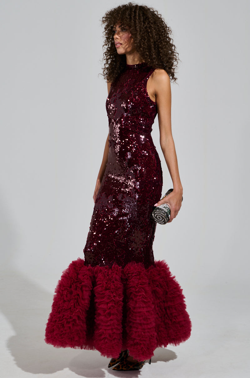 BELLE OF THE BALL SEQUIN RUFFLE MAXI DRESS