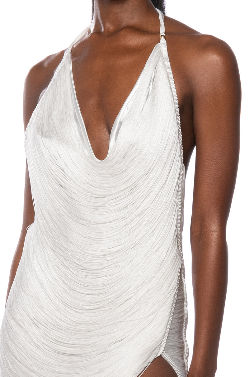 GIANINA FRINGED COWL NECK MAXI DRESS IN WHITE