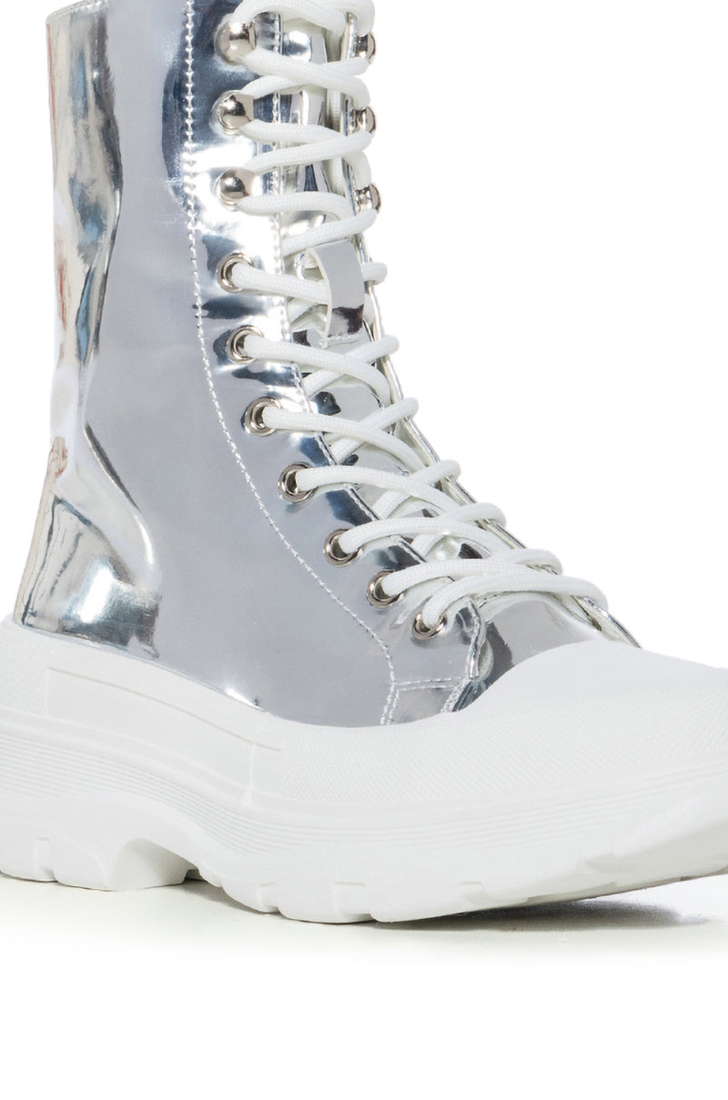 AZALEA WANG KHAZA SILVER MIRROR LACE UP COMBAT BOOTIE