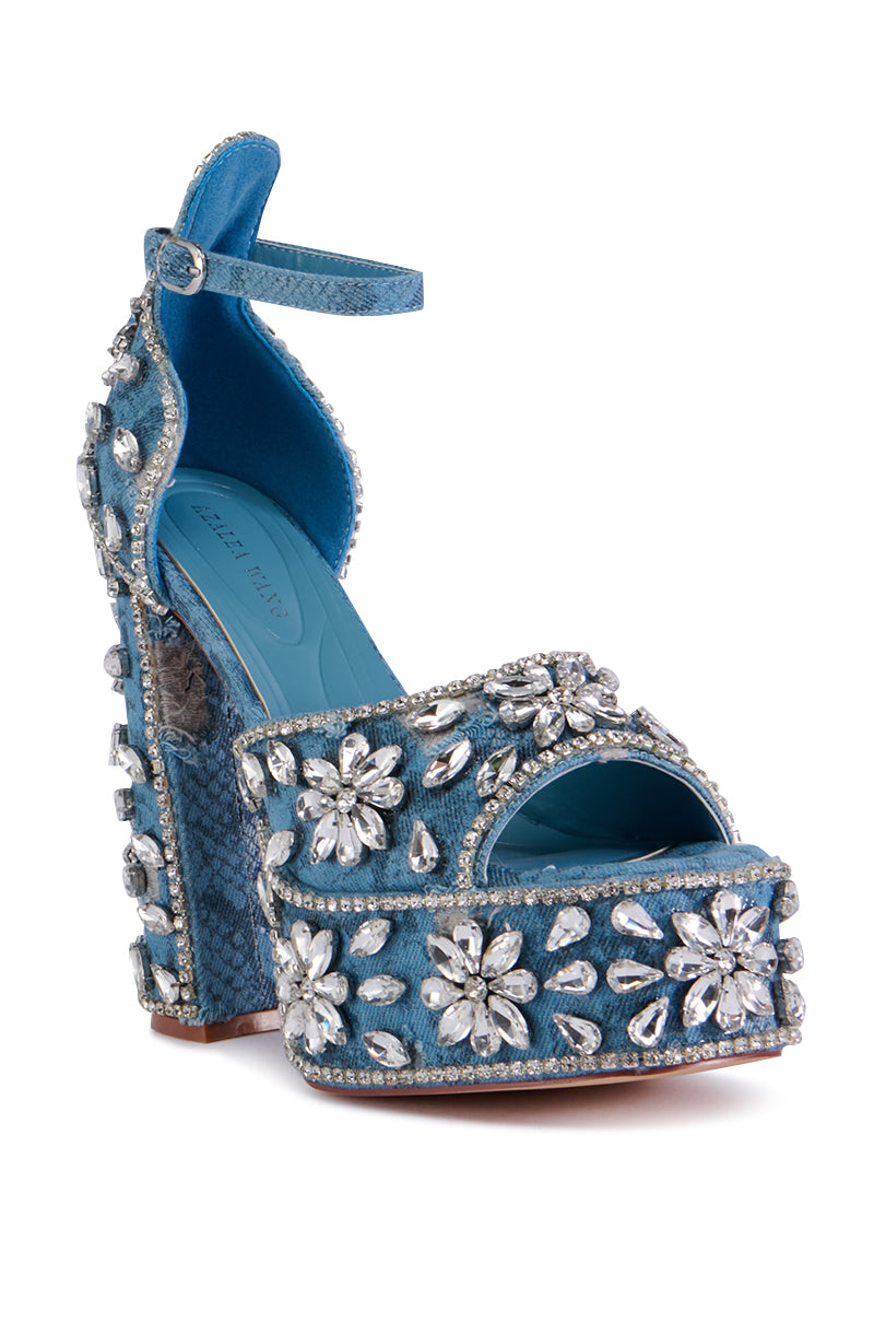 AZALEA WANG CHARLIZE DENIM SNAKE SKIN SANDAL WITH RHINESTONES