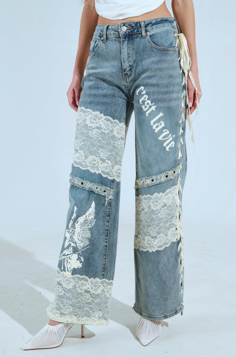 FEMME FATALE PRINTED AND LACE UP DETAIL DENIM JEANS