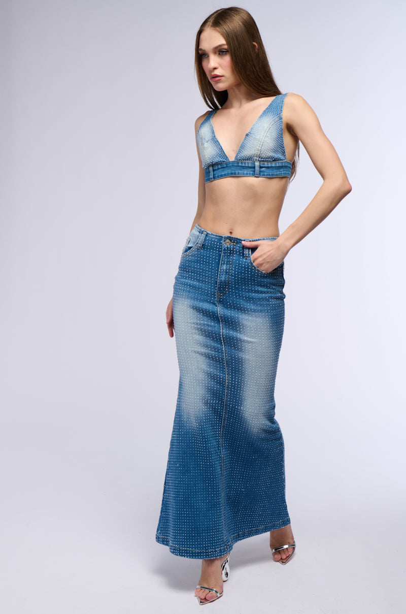 RICH GIRL ENERGY EMBELLISHED DENIM MAXI SKIRT