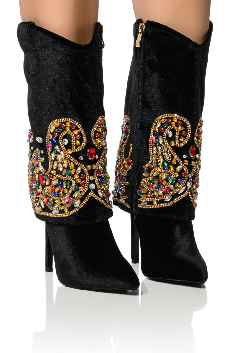 AZALEA WANG NIKO EMBELLISHED SUEDE BOOTIE IN BLACK