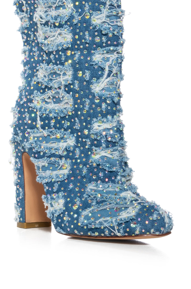 AZALEA WANG WHITEHAVEN DISTRESSED DENIM EMBELLISHED BOOTIE