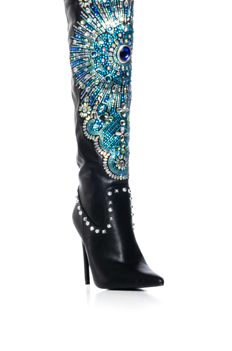 AZALEA WANG AXELLE BLACK BLUE EMBELLISHED BOOT