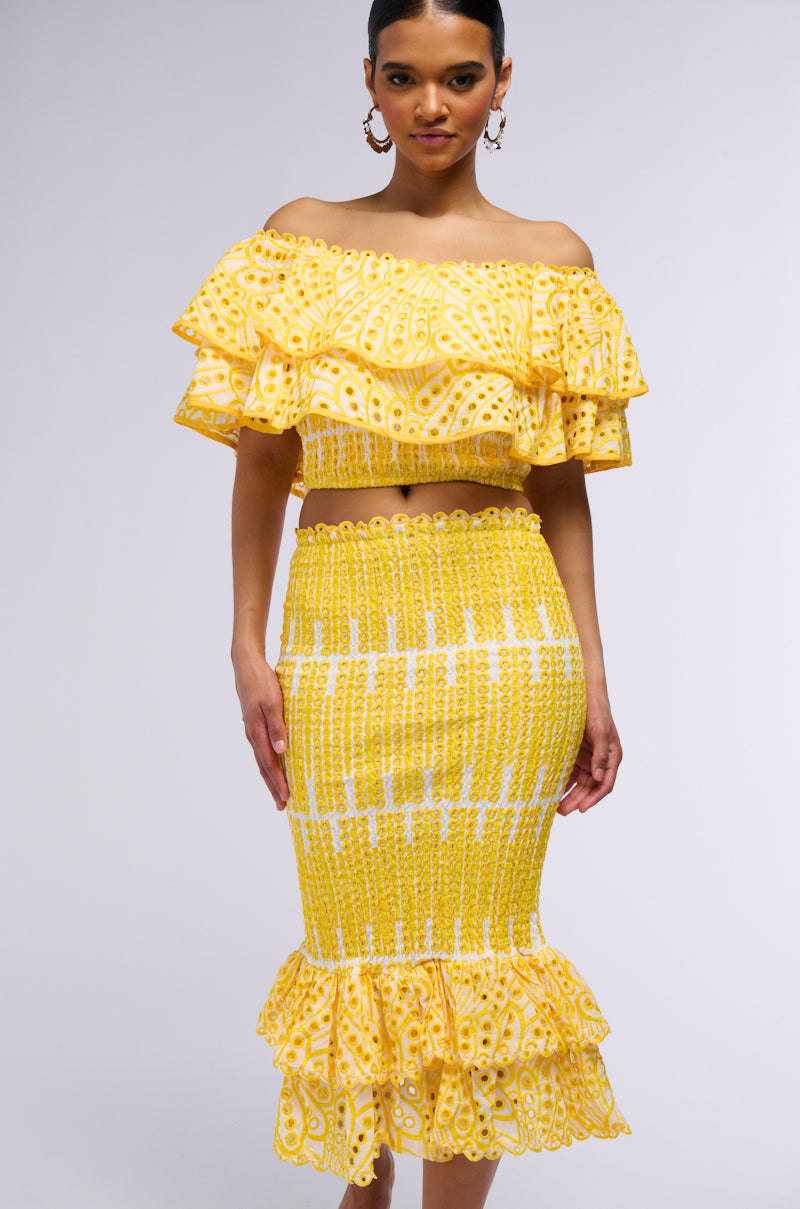 SUMMER LOVING RUFFLE TEXTURED MIDI SKIRT IN YELLOW