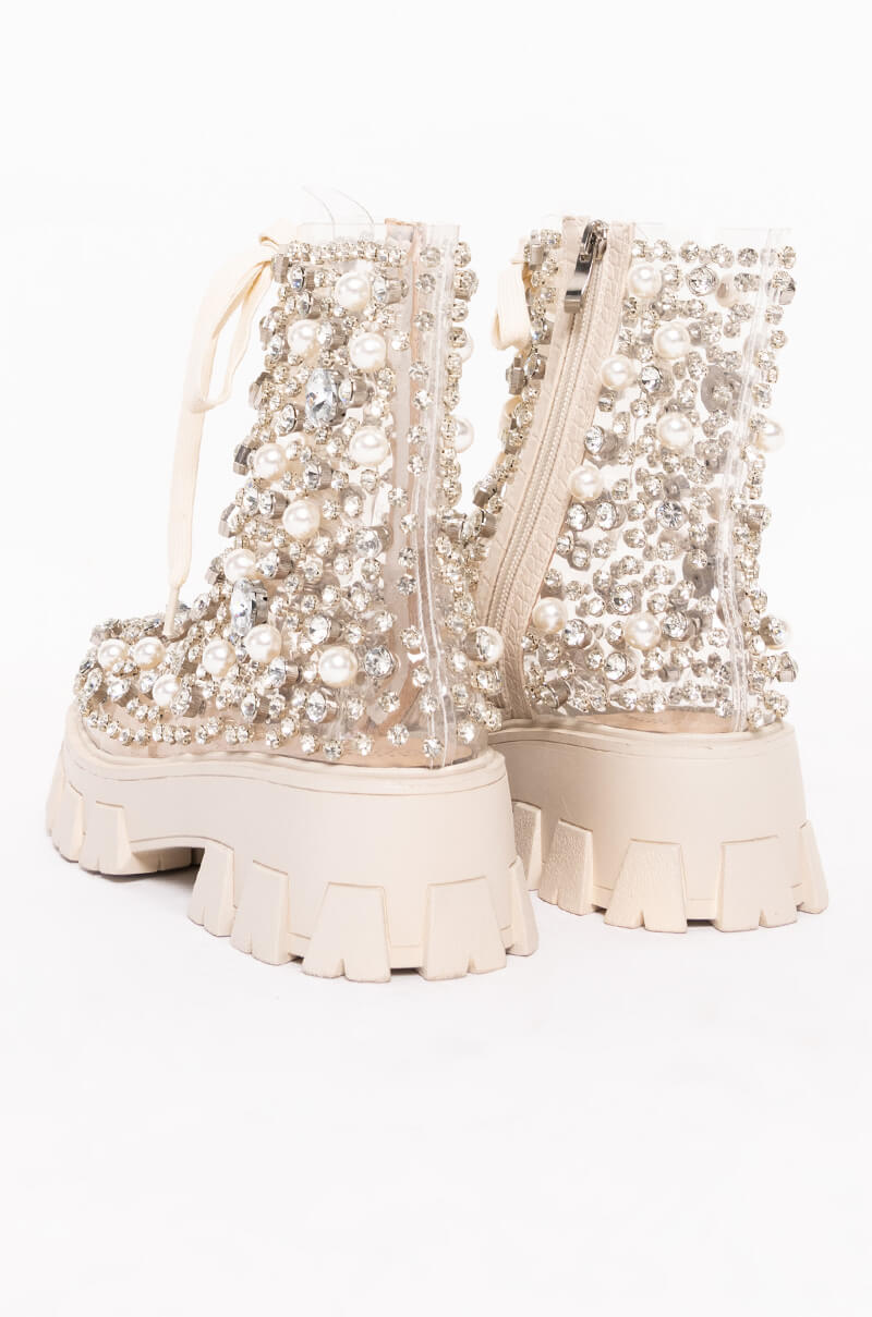 AZALEA WANG DRIPPING IN PEARLS FLATFORM BOOTIE IN NUDE